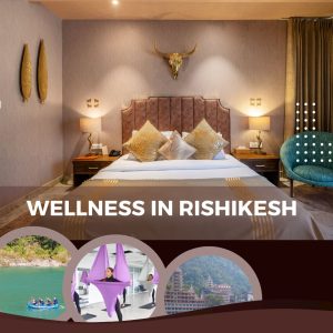 Luxurious room in Rishikesh wellness retreat, with aerial yoga, rafting, and river view.