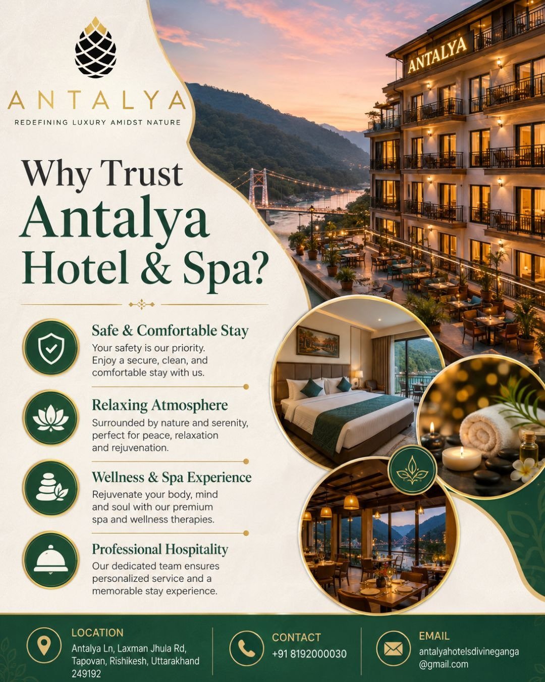 Antalya Hotel & Spa in Rishikesh showcasing luxury accommodations, wellness spa, elegant rooms, fine dining, and professional hospitality near Laxman Jhula.