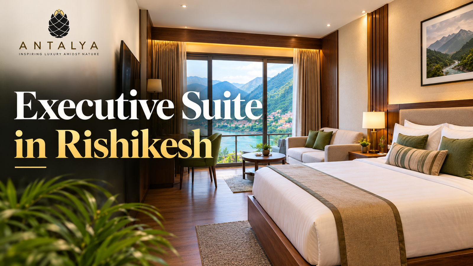 Luxury Executive Suite in Rishikesh with mountain views.