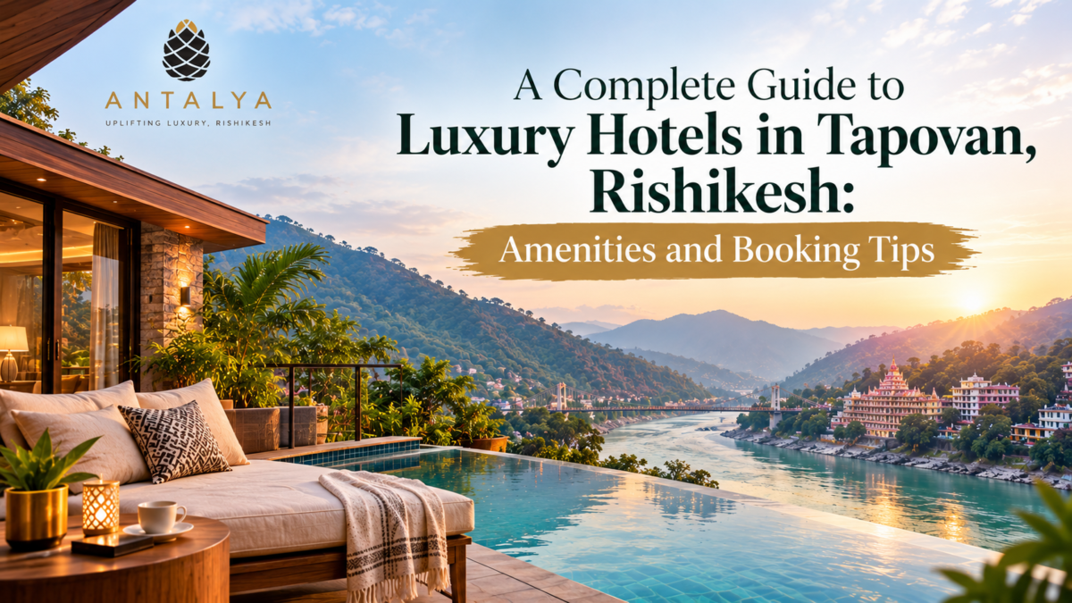 Luxury hotel in Tapovan, Rishikesh, featuring an infinity pool, elegant terrace, and scenic Himalayan river views.